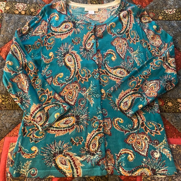 GARNET HILL Eco Merino blue paisley Cardigan S - Picture 1 of 6